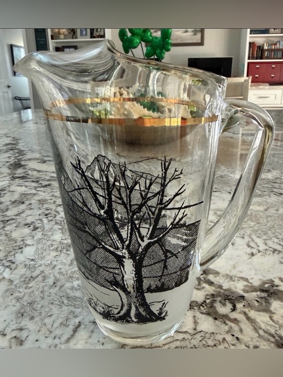 Other - Vtg MCM Glass Pitcher Black Winter Tree Mountain Scene Gold Rim Ice Lip 7”